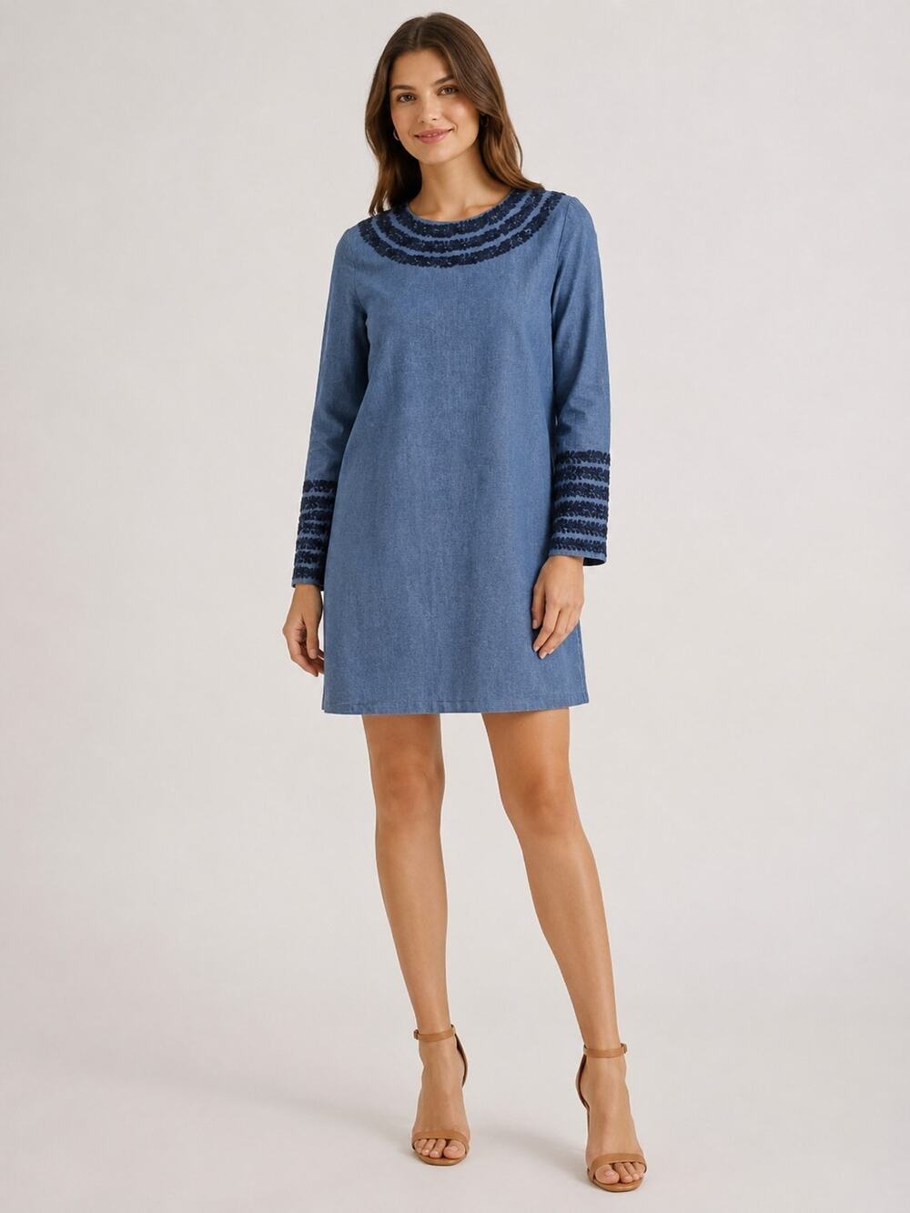 Mi Golondrina Embroidered Blue Cotton Long Sleeve Mini Dress Large